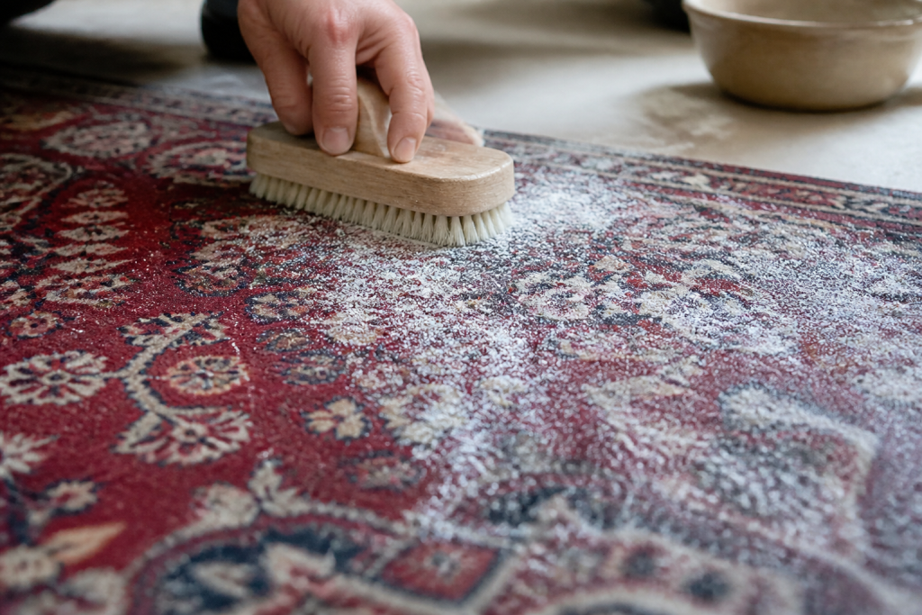 Poudre blanche saupoudree sur tapis avec brosse