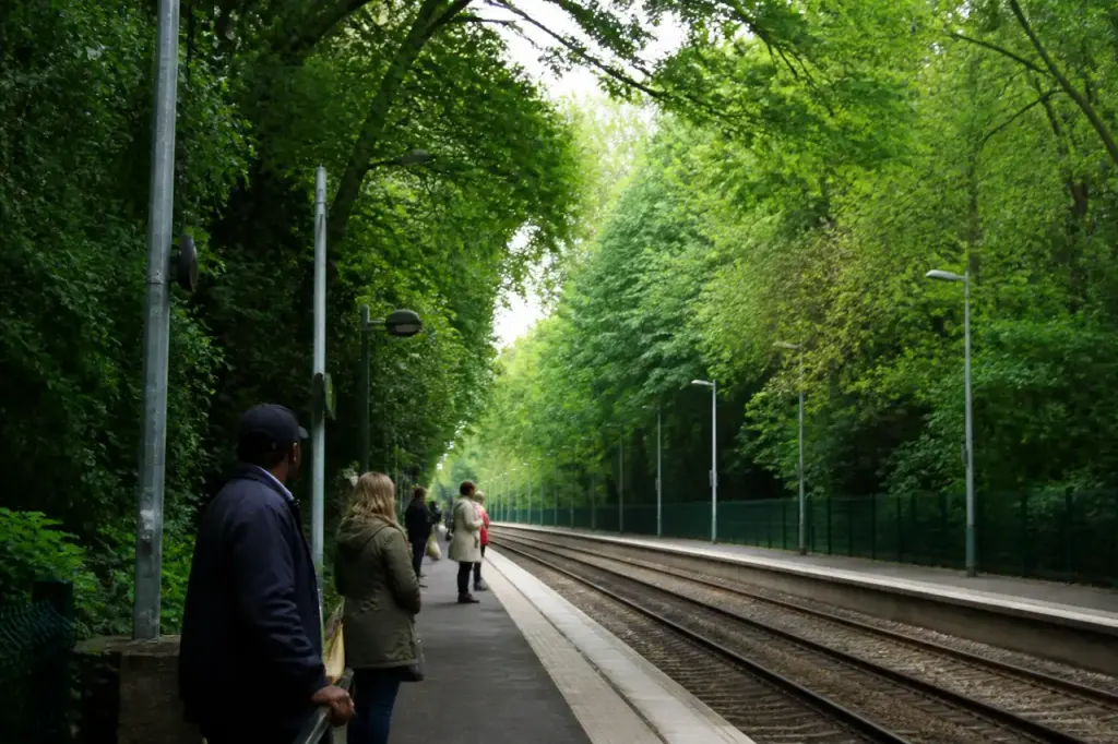 Quai de gare RER avec grands arbres verts alentour