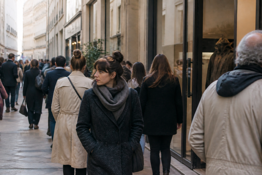 Rue animee avec magasins ouverts et passants nombreux