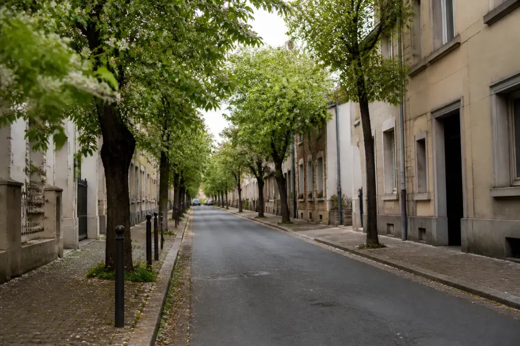 Rue calme bordee de petits immeubles et arbres