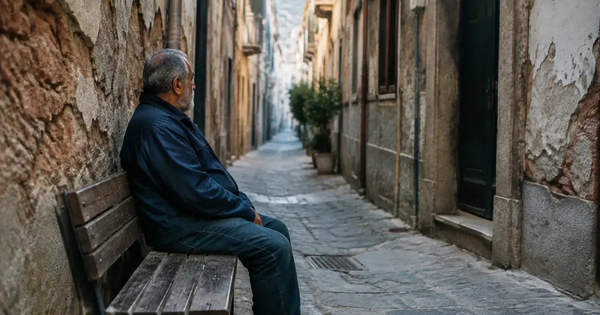 Rue étroite, façades abîmées, homme assis sur banc