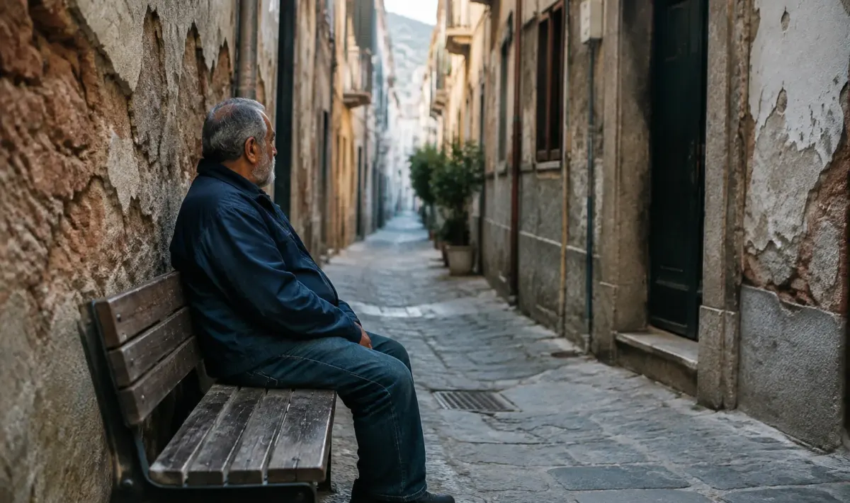 Rue étroite, façades abîmées, homme assis sur banc