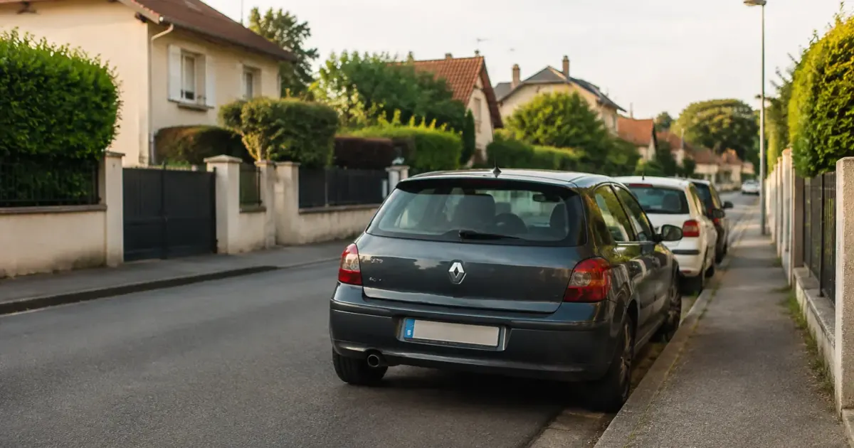 Rue pavillonnaire avec voiture garee le long du trottoir