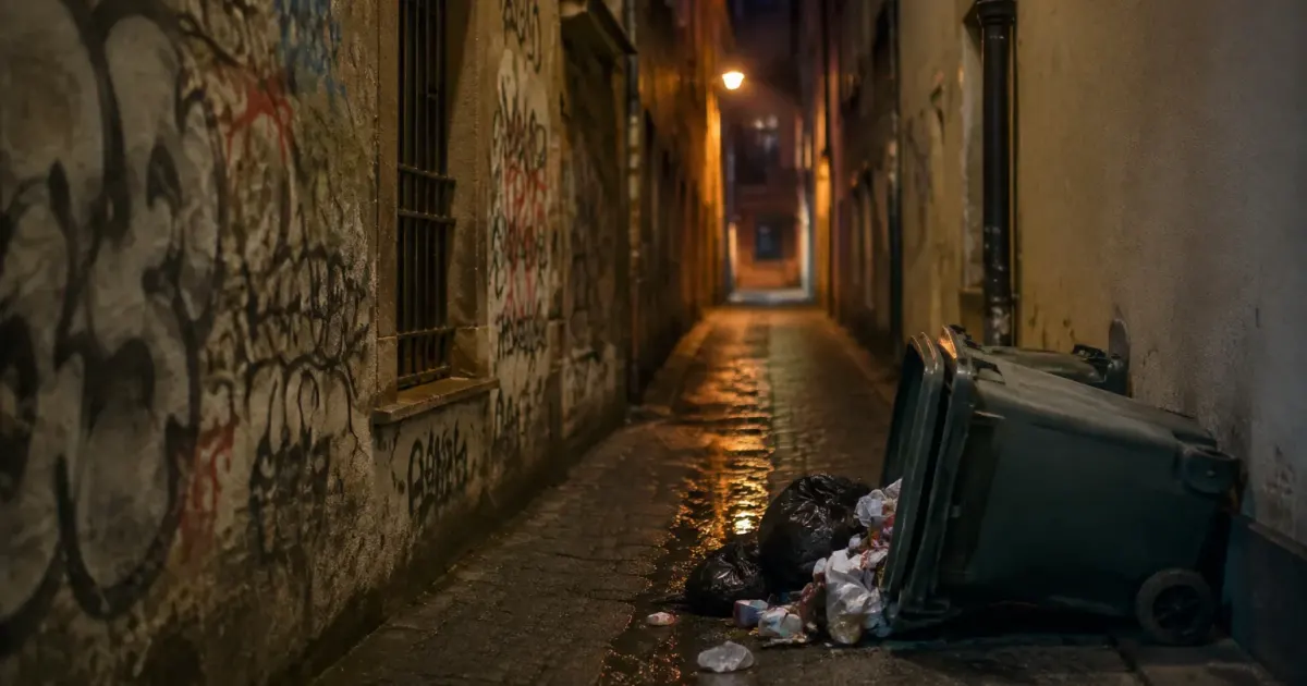 Ruelle etroite de nuit, graffitis et poubelle renversee