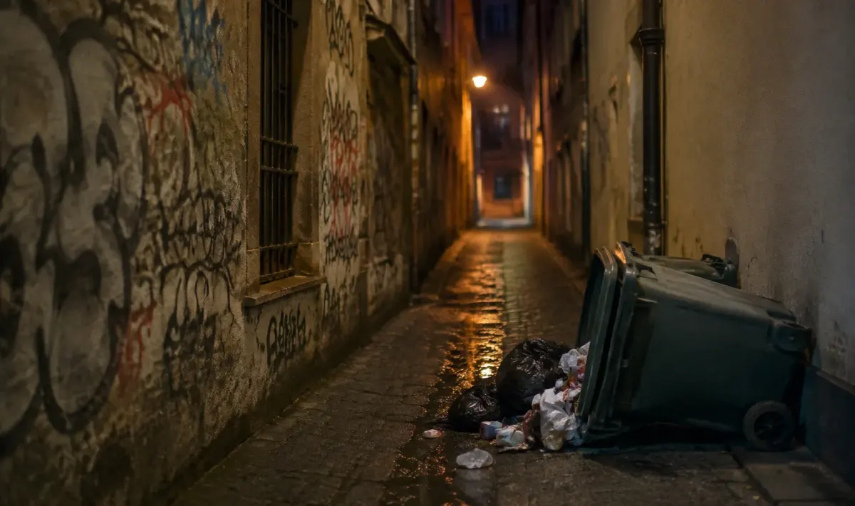 Ruelle etroite de nuit, graffitis et poubelle renversee