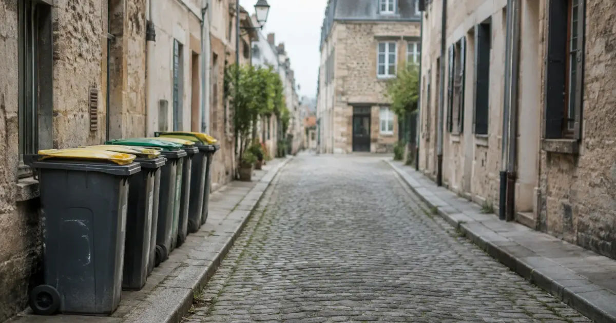 Ruelle pavee deserte, poubelles alignees le long du trottoir