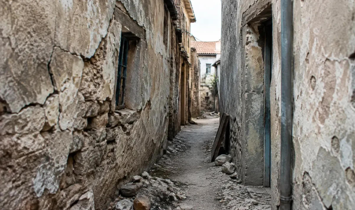 Rues etroites avec murs lezardes et debris