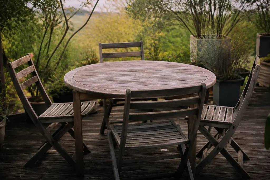 table ronde en bois et chaises pliantes sur terrasse
