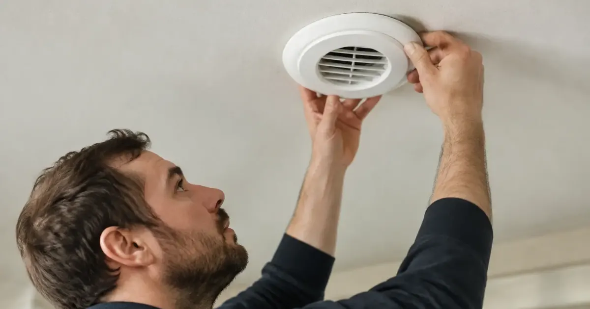 Technicien fixant une bouche VMC blanche au plafond